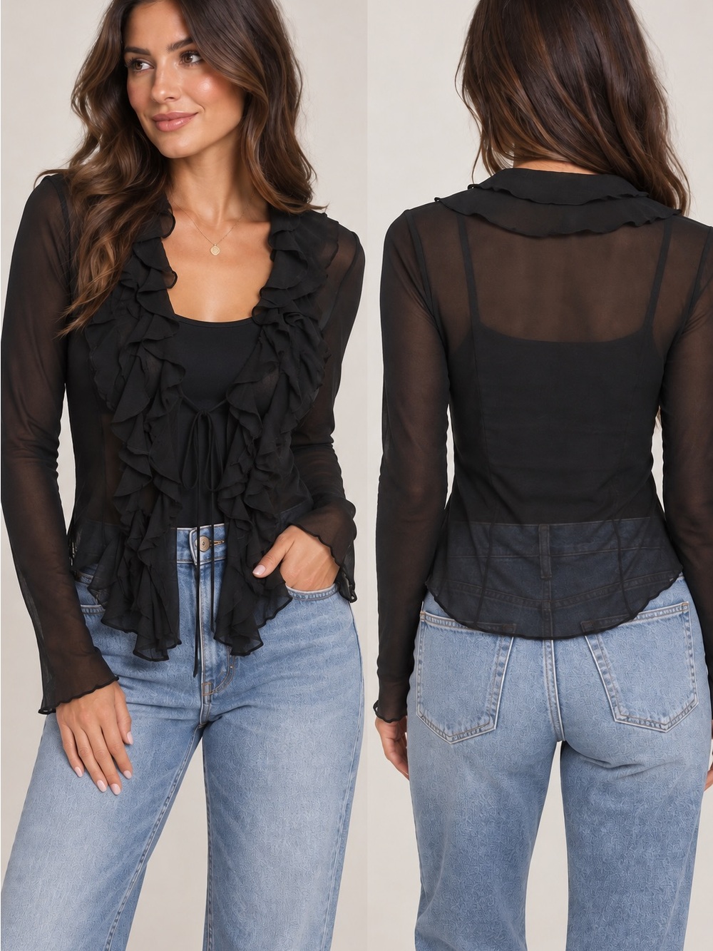 Black Ruffle Sheer Long-Sleeve Top - Women